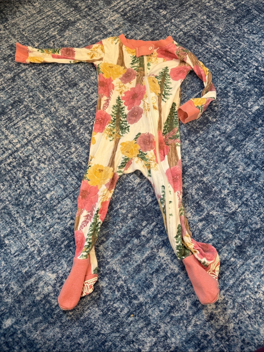 Floral Footed One-Piece Pajamas - Pink & Yellow woodland theme